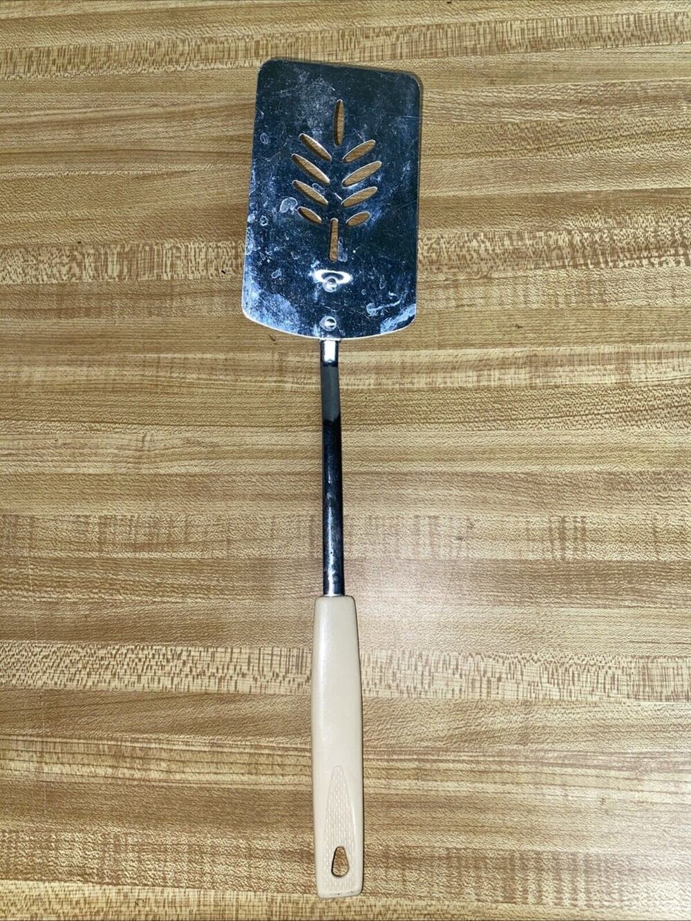 Vintage Koco White Handle Stainless Slotted Spatula 13” Japan EKCO Style